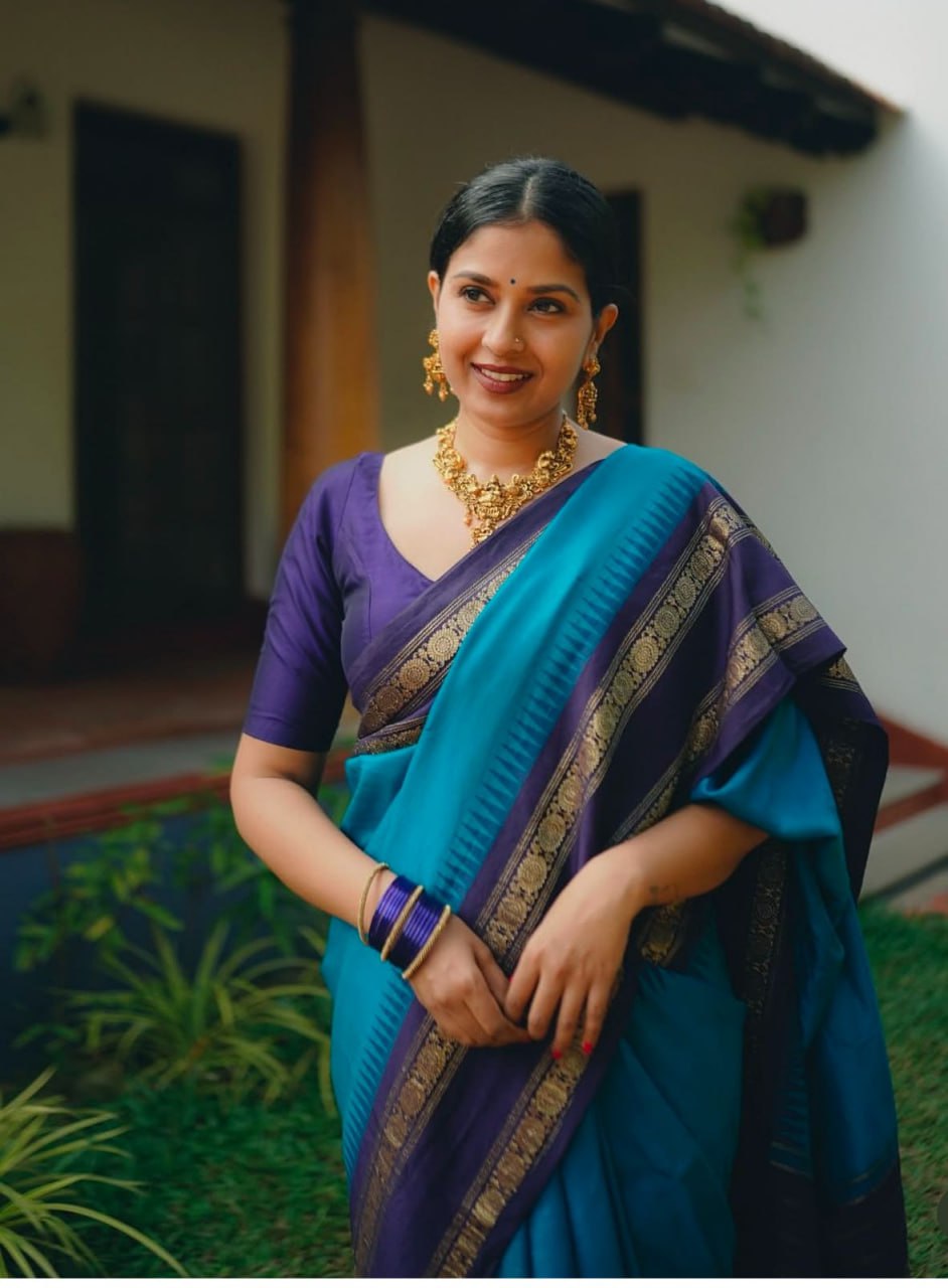 Siya – Teal Blue & Purple Banarasi Soft Silk Saree