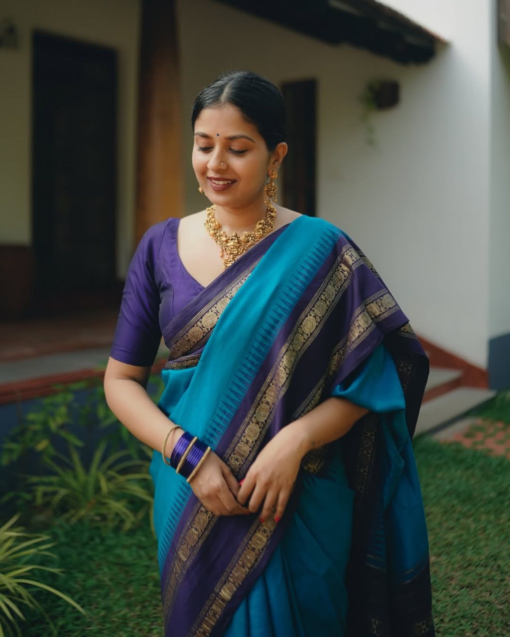 Siya – Teal Blue & Purple Banarasi Soft Silk Saree