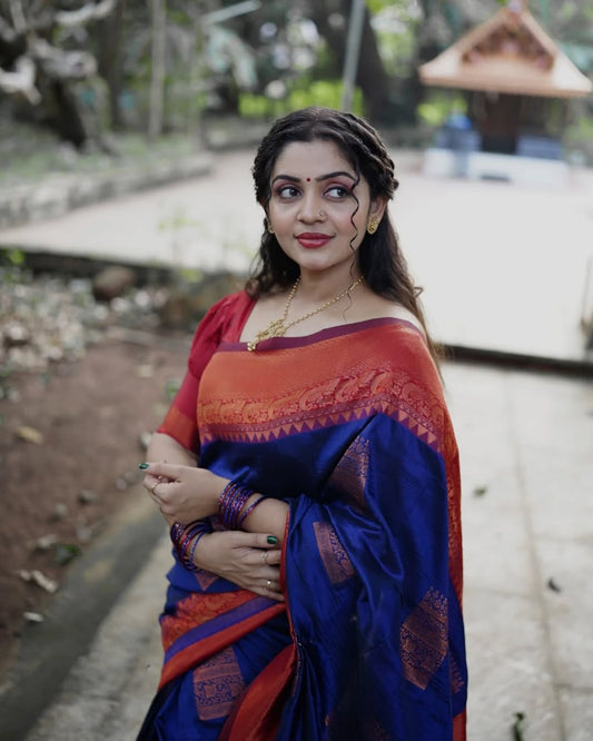 Hirani – Royal Blue & Copper Banarasi Soft Silk Saree