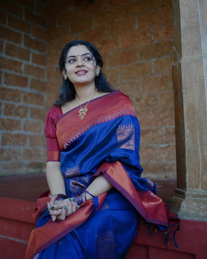 Hirani – Royal Blue & Copper Banarasi Soft Silk Saree