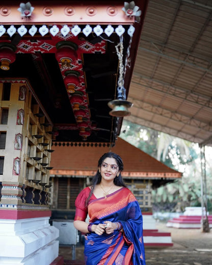 Hirani – Royal Blue & Copper Banarasi Soft Silk Saree