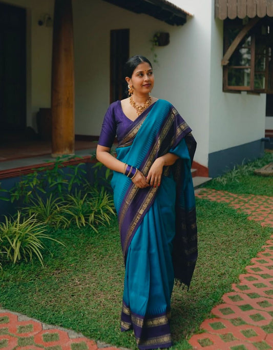Siya – Teal Blue & Purple Banarasi Soft Silk Saree