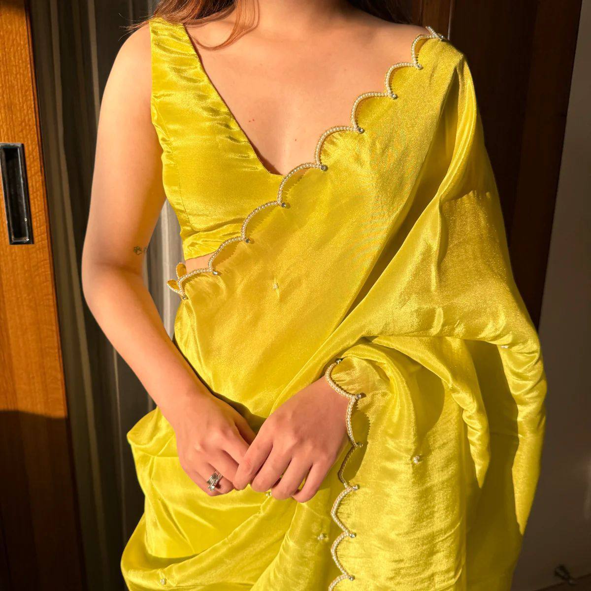 Avni – Lemon Yellow & Green Ombre Chinnon Saree