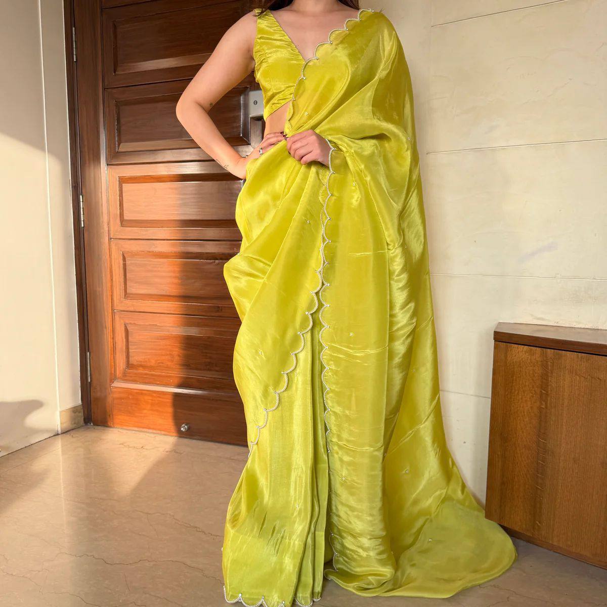 Avni – Lemon Yellow & Green Ombre Chinnon Saree